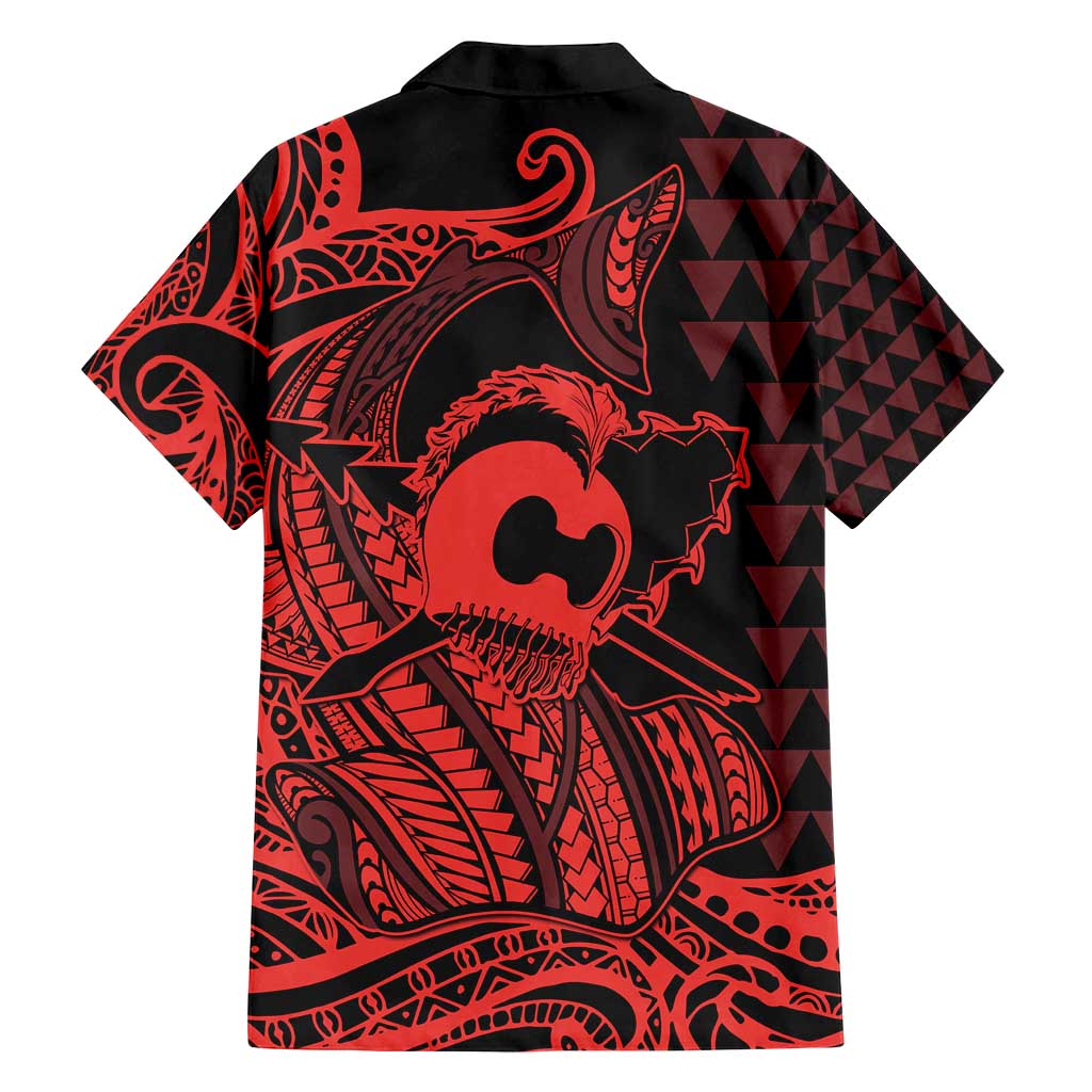 Koa Ikaika Warrior Helmet with Shark Family Matching Tank Maxi Dress and Hawaiian Shirt Red Kakau Style LT9 - Polynesian Pride