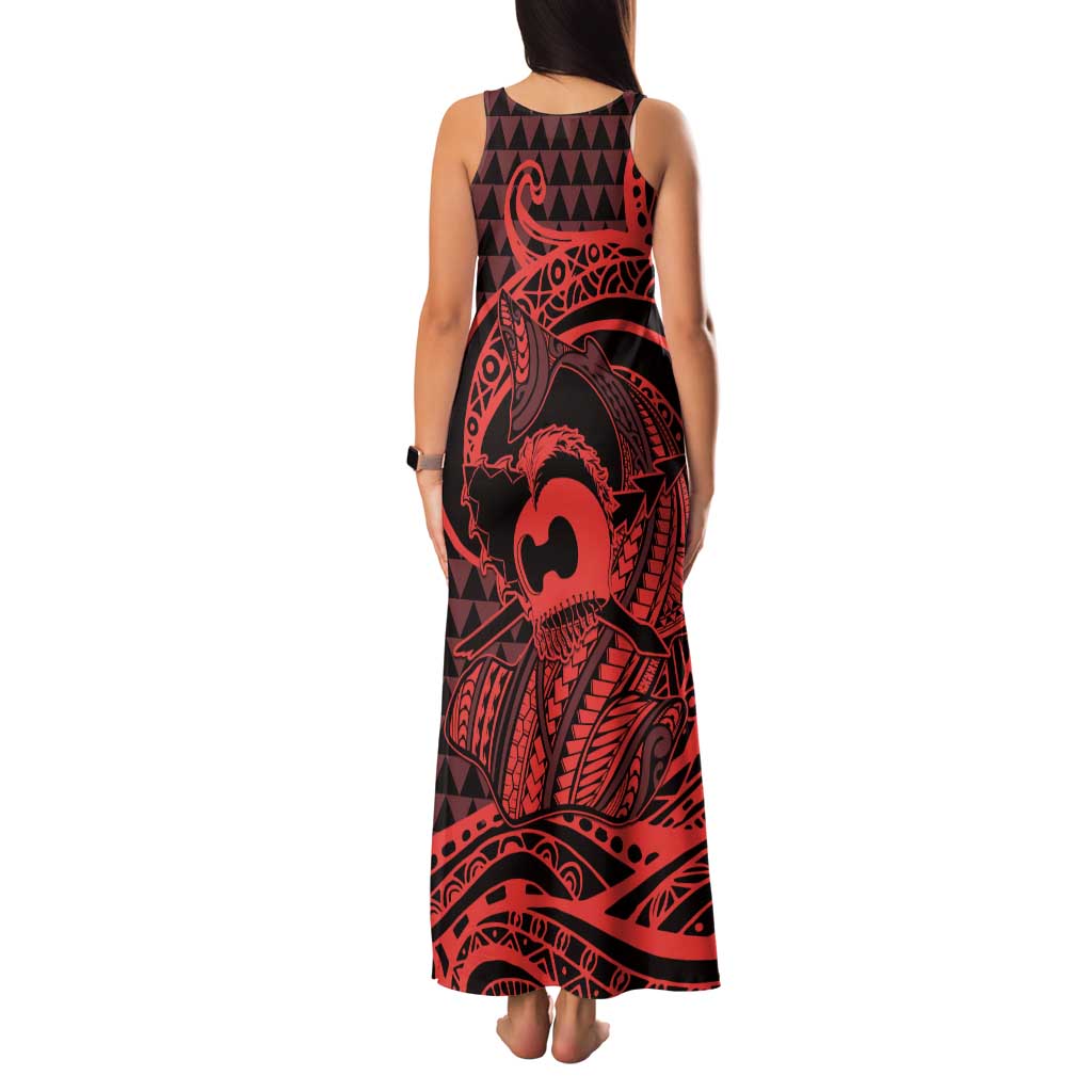 Koa Ikaika Warrior Helmet with Shark Family Matching Tank Maxi Dress and Hawaiian Shirt Red Kakau Style LT9 - Polynesian Pride