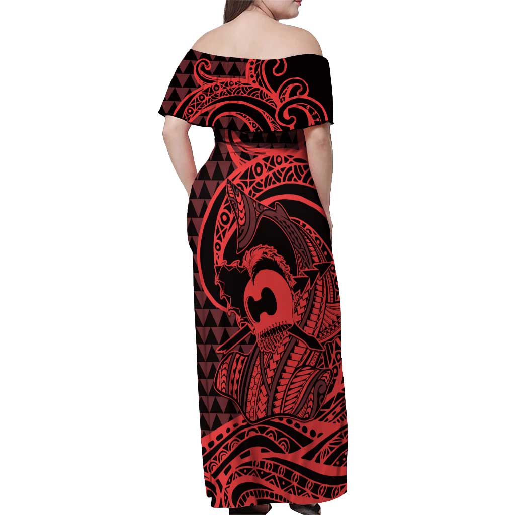 Koa Ikaika Warrior Helmet with Shark Off Shoulder Maxi Dress Red Kakau Style