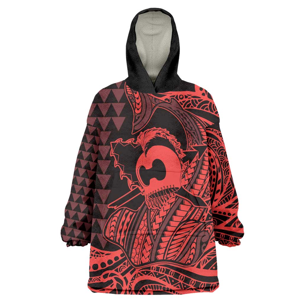 Koa Ikaika Warrior Helmet with Shark Wearable Blanket Hoodie Red Kakau Style LT9 One Size Red - Polynesian Pride