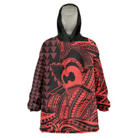 Koa Ikaika Warrior Helmet with Shark Wearable Blanket Hoodie Red Kakau Style LT9 One Size Red - Polynesian Pride