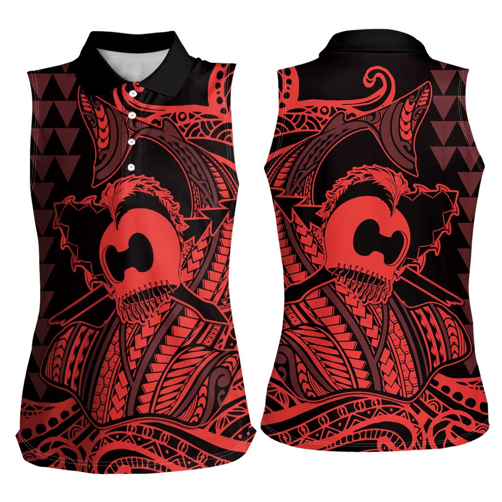 Koa Ikaika Warrior Helmet with Shark Women Sleeveless Polo Shirt Red Kakau Style