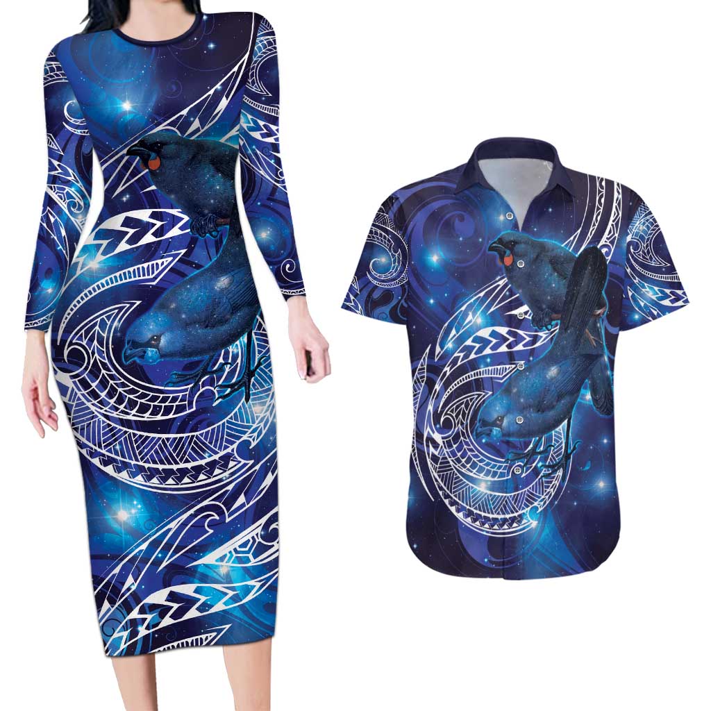 North Island Kokako and South Island Kokako Couples Matching Long Sleeve Bodycon Dress and Hawaiian Shirt New Zealand Native Bird with Galaxy Vibe LT9 Galaxy - Polynesian Pride