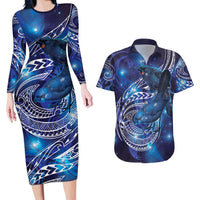 North Island Kokako and South Island Kokako Couples Matching Long Sleeve Bodycon Dress and Hawaiian Shirt New Zealand Native Bird with Galaxy Vibe LT9 Galaxy - Polynesian Pride