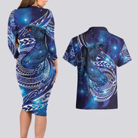 North Island Kokako and South Island Kokako Couples Matching Long Sleeve Bodycon Dress and Hawaiian Shirt New Zealand Native Bird with Galaxy Vibe LT9 - Polynesian Pride