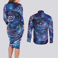North Island Kokako and South Island Kokako Couples Matching Long Sleeve Bodycon Dress and Long Sleeve Button Shirt New Zealand Native Bird with Galaxy Vibe LT9 - Polynesian Pride