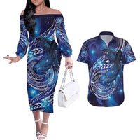 North Island Kokako and South Island Kokako Couples Matching Off The Shoulder Long Sleeve Dress and Hawaiian Shirt New Zealand Native Bird with Galaxy Vibe LT9 Galaxy - Polynesian Pride