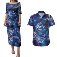 North Island Kokako and South Island Kokako Couples Matching Puletasi and Hawaiian Shirt New Zealand Native Bird with Galaxy Vibe LT9 Galaxy - Polynesian Pride