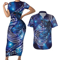 North Island Kokako and South Island Kokako Couples Matching Short Sleeve Bodycon Dress and Hawaiian Shirt New Zealand Native Bird with Galaxy Vibe LT9 Galaxy - Polynesian Pride