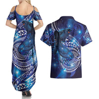 North Island Kokako and South Island Kokako Couples Matching Summer Maxi Dress and Hawaiian Shirt New Zealand Native Bird with Galaxy Vibe LT9 - Polynesian Pride