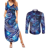 North Island Kokako and South Island Kokako Couples Matching Summer Maxi Dress and Long Sleeve Button Shirt New Zealand Native Bird with Galaxy Vibe LT9 Galaxy - Polynesian Pride