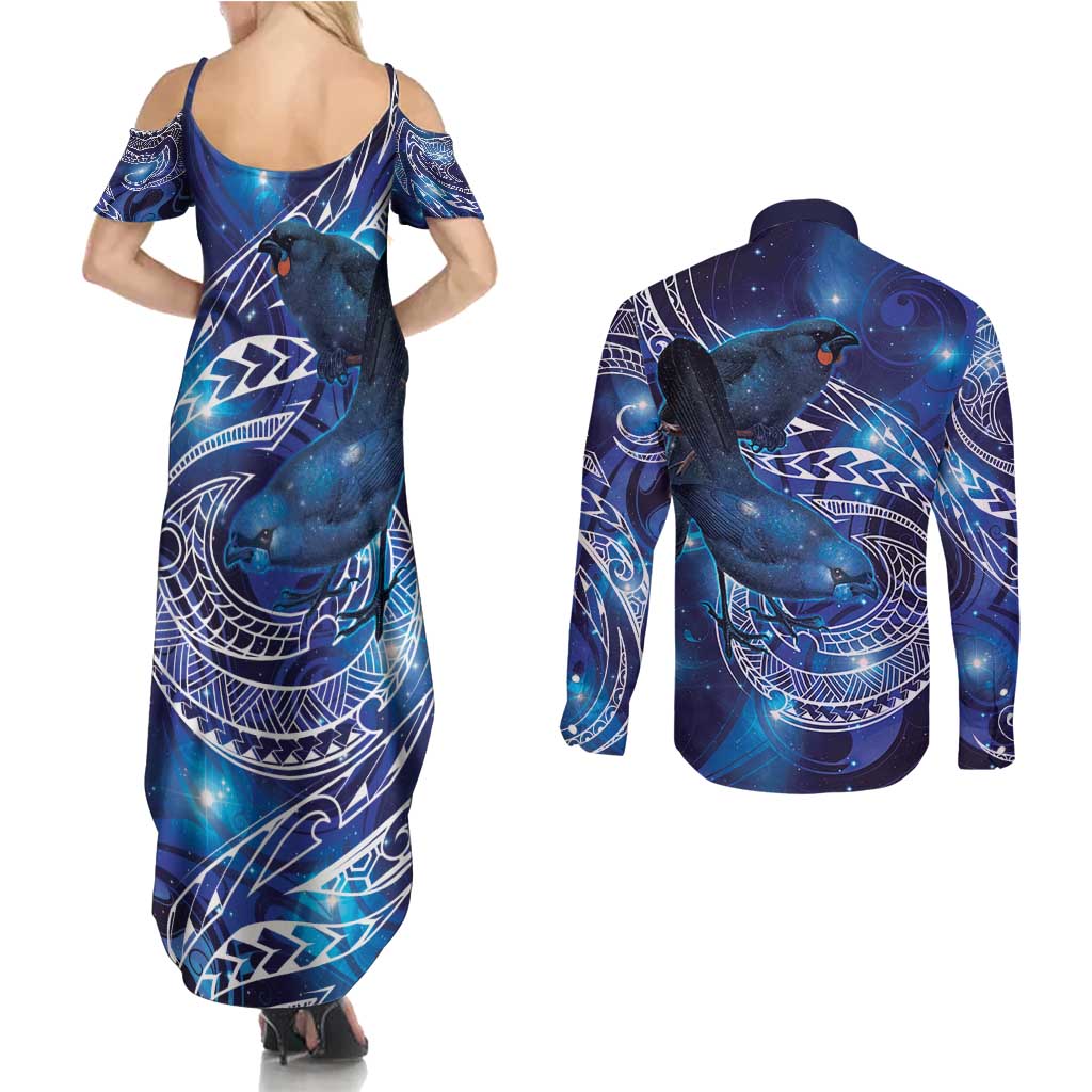 North Island Kokako and South Island Kokako Couples Matching Summer Maxi Dress and Long Sleeve Button Shirt New Zealand Native Bird with Galaxy Vibe LT9 - Polynesian Pride
