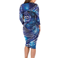 North Island Kokako and South Island Kokako Family Matching Long Sleeve Bodycon Dress and Hawaiian Shirt New Zealand Native Bird with Galaxy Vibe LT9 - Polynesian Pride