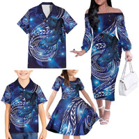 North Island Kokako and South Island Kokako Family Matching Off The Shoulder Long Sleeve Dress and Hawaiian Shirt New Zealand Native Bird with Galaxy Vibe LT9 - Polynesian Pride