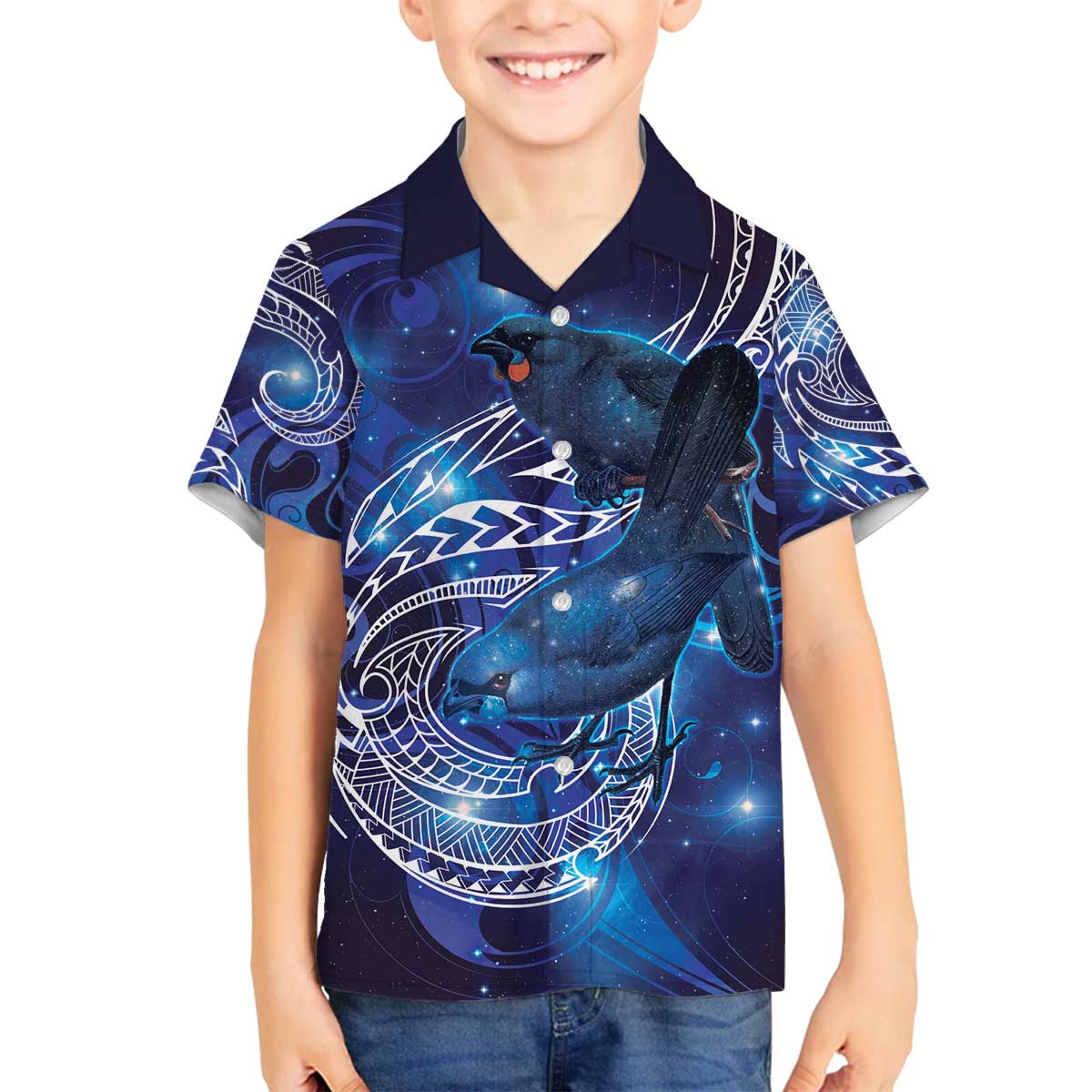 North Island Kokako and South Island Kokako Family Matching Off The Shoulder Long Sleeve Dress and Hawaiian Shirt New Zealand Native Bird with Galaxy Vibe LT9 Son's Shirt Galaxy - Polynesian Pride