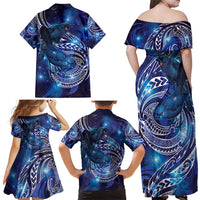 North Island Kokako and South Island Kokako Family Matching Off Shoulder Maxi Dress and Hawaiian Shirt New Zealand Native Bird with Galaxy Vibe LT9 - Polynesian Pride