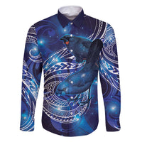 North Island Kokako and South Island Kokako Family Matching Off Shoulder Maxi Dress and Hawaiian Shirt New Zealand Native Bird with Galaxy Vibe LT9 Dad's Shirt - Long Sleeve Galaxy - Polynesian Pride