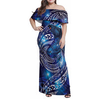 North Island Kokako and South Island Kokako Family Matching Off Shoulder Maxi Dress and Hawaiian Shirt New Zealand Native Bird with Galaxy Vibe LT9 Mom's Dress Galaxy - Polynesian Pride