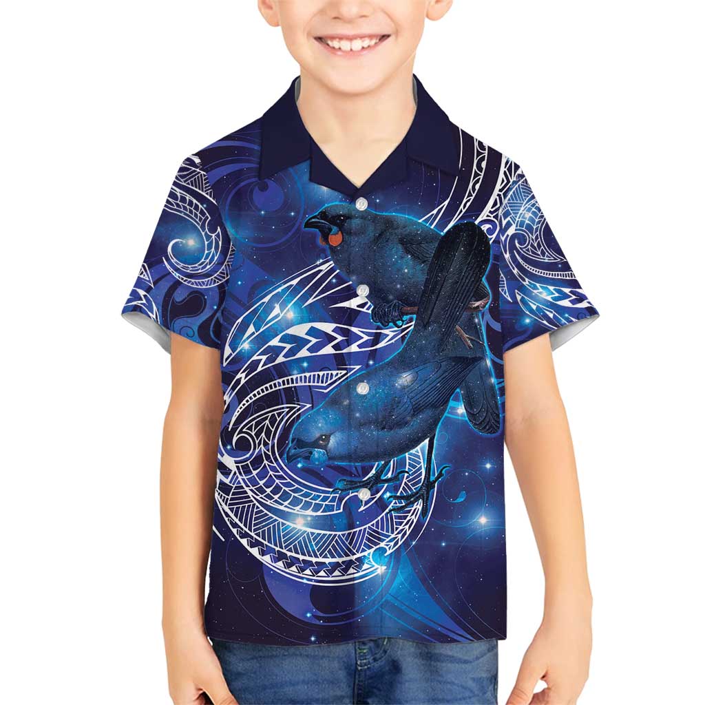North Island Kokako and South Island Kokako Family Matching Off Shoulder Maxi Dress and Hawaiian Shirt New Zealand Native Bird with Galaxy Vibe LT9 Son's Shirt Galaxy - Polynesian Pride