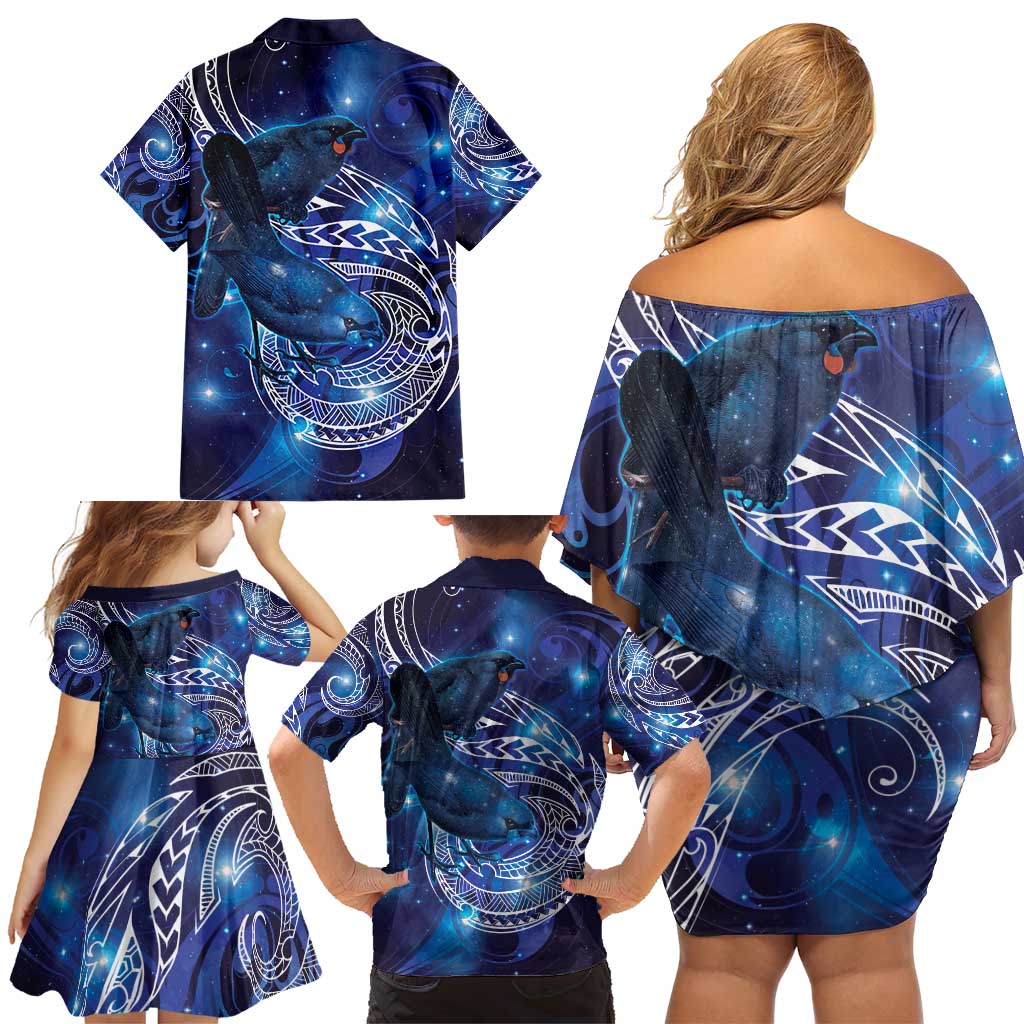 North Island Kokako and South Island Kokako Family Matching Off Shoulder Short Dress and Hawaiian Shirt New Zealand Native Bird with Galaxy Vibe LT9 - Polynesian Pride