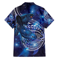 North Island Kokako and South Island Kokako Family Matching Off Shoulder Short Dress and Hawaiian Shirt New Zealand Native Bird with Galaxy Vibe LT9 - Polynesian Pride