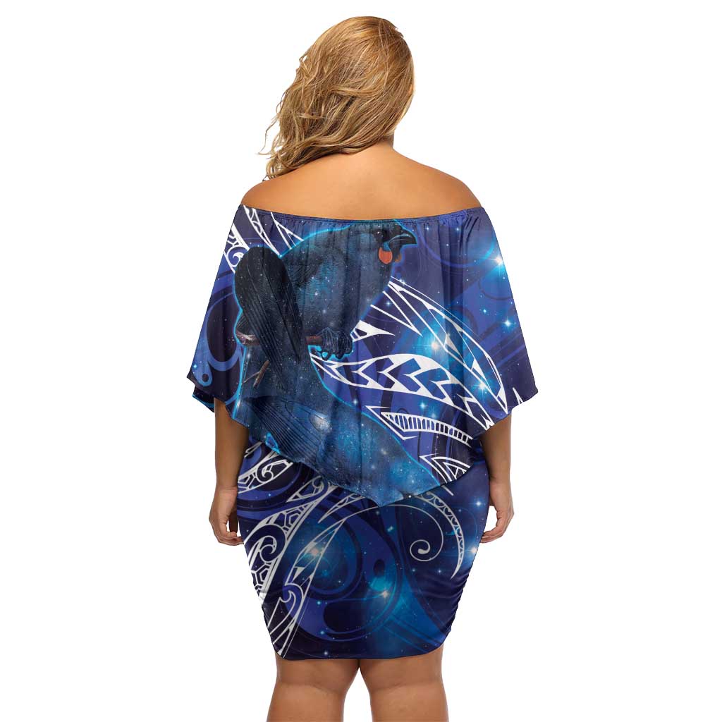 North Island Kokako and South Island Kokako Family Matching Off Shoulder Short Dress and Hawaiian Shirt New Zealand Native Bird with Galaxy Vibe LT9 - Polynesian Pride