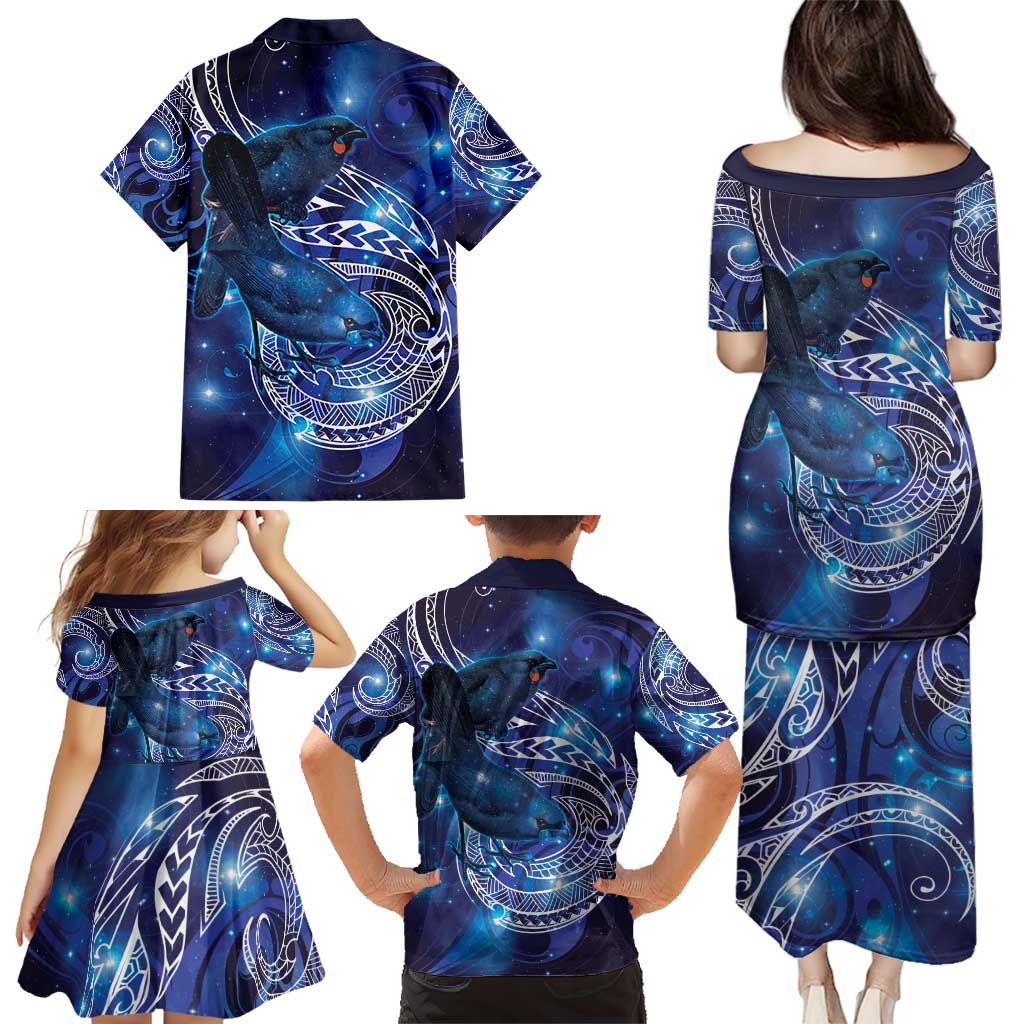 North Island Kokako and South Island Kokako Family Matching Puletasi and Hawaiian Shirt New Zealand Native Bird with Galaxy Vibe LT9 - Polynesian Pride