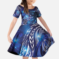 North Island Kokako and South Island Kokako Family Matching Short Sleeve Bodycon Dress and Hawaiian Shirt New Zealand Native Bird with Galaxy Vibe LT9 Daughter's Dress Galaxy - Polynesian Pride