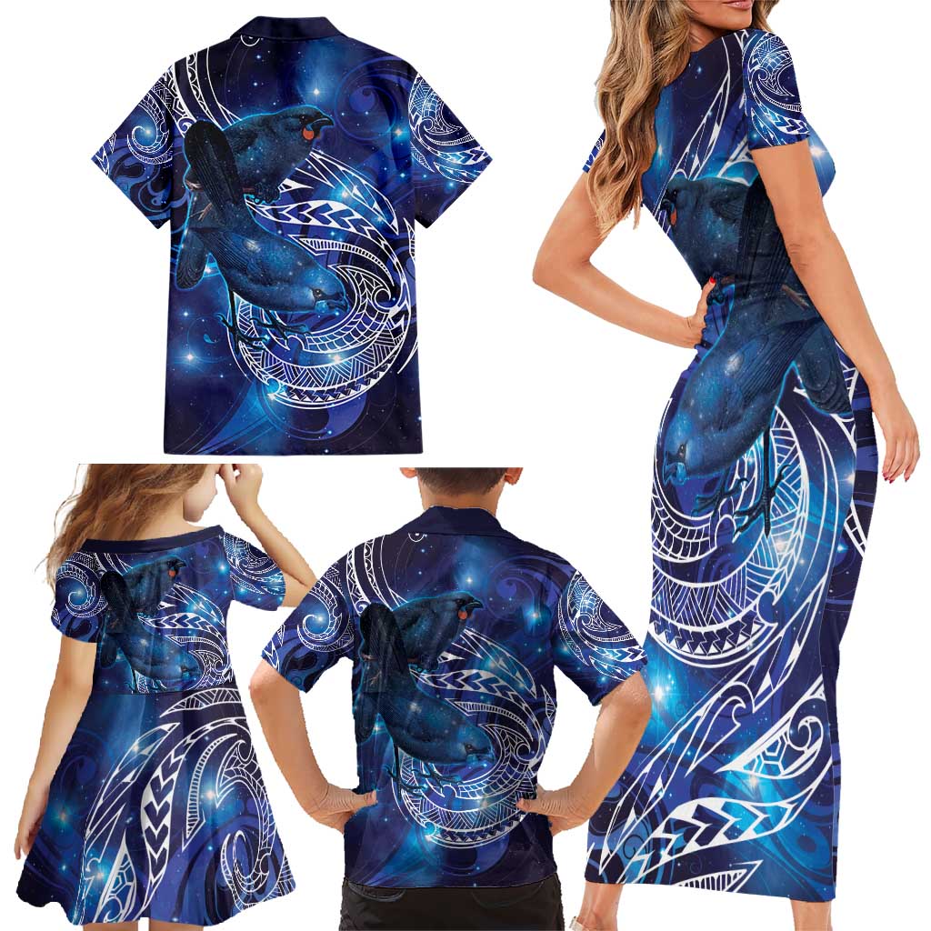 North Island Kokako and South Island Kokako Family Matching Short Sleeve Bodycon Dress and Hawaiian Shirt New Zealand Native Bird with Galaxy Vibe LT9 - Polynesian Pride