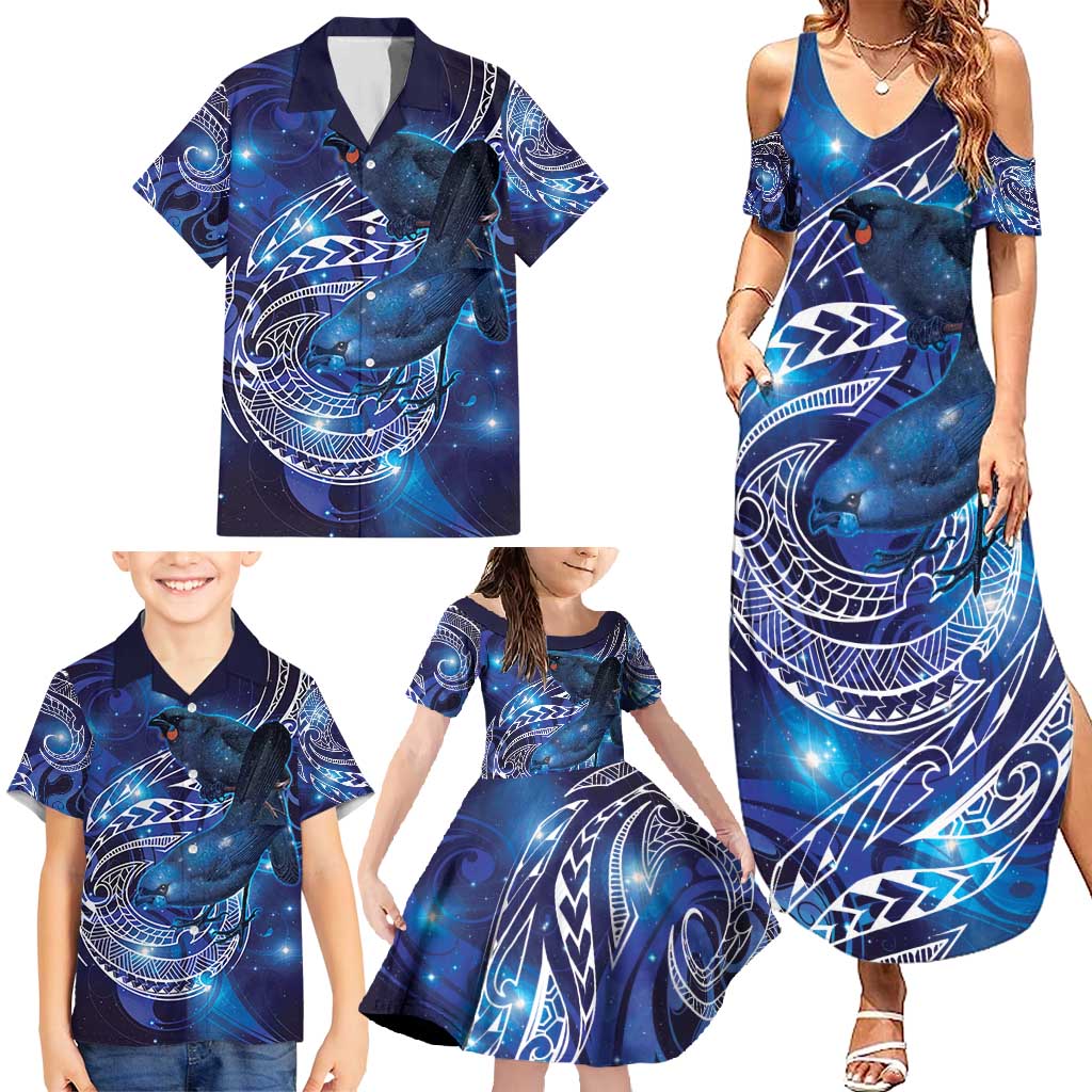 North Island Kokako and South Island Kokako Family Matching Summer Maxi Dress and Hawaiian Shirt New Zealand Native Bird with Galaxy Vibe LT9 - Polynesian Pride