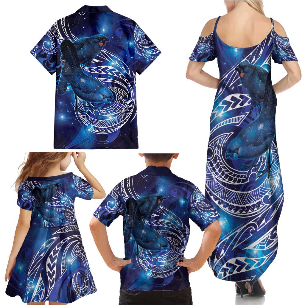 North Island Kokako and South Island Kokako Family Matching Summer Maxi Dress and Hawaiian Shirt New Zealand Native Bird with Galaxy Vibe LT9 - Polynesian Pride