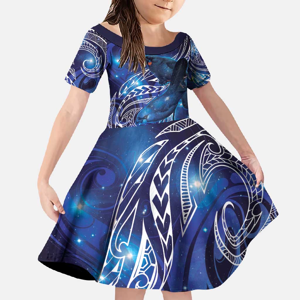 North Island Kokako and South Island Kokako Family Matching Tank Maxi Dress and Hawaiian Shirt New Zealand Native Bird with Galaxy Vibe LT9 Daughter's Dress Galaxy - Polynesian Pride