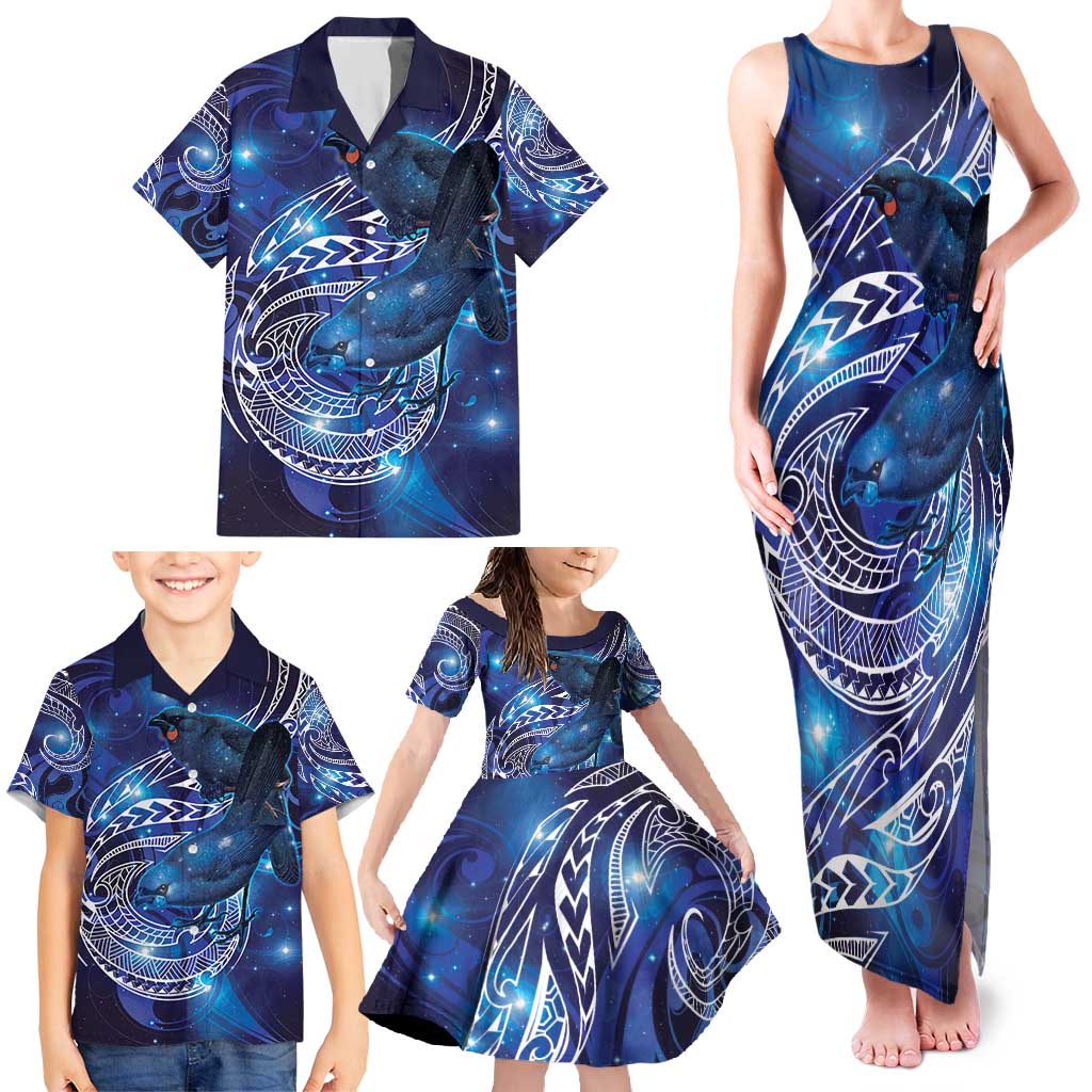 North Island Kokako and South Island Kokako Family Matching Tank Maxi Dress and Hawaiian Shirt New Zealand Native Bird with Galaxy Vibe LT9 - Polynesian Pride