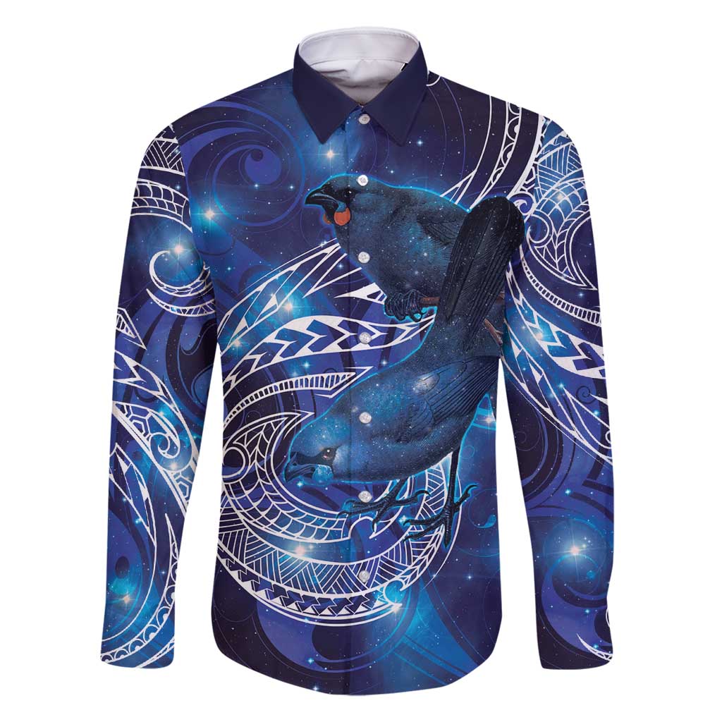 North Island Kokako and South Island Kokako Family Matching Tank Maxi Dress and Hawaiian Shirt New Zealand Native Bird with Galaxy Vibe LT9 Dad's Shirt - Long Sleeve Galaxy - Polynesian Pride