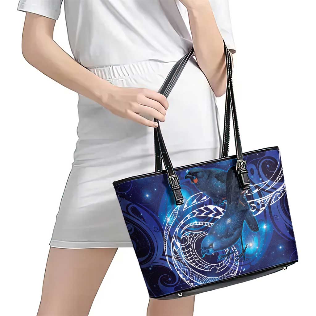 North Island Kokako and South Island Kokako Leather Tote Bag New Zealand Native Bird with Galaxy Vibe LT9 - Polynesian Pride