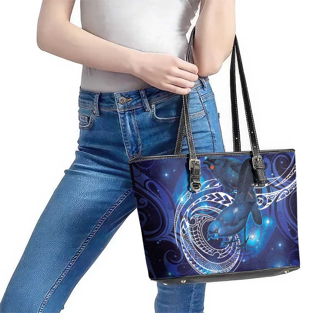 North Island Kokako and South Island Kokako Leather Tote Bag New Zealand Native Bird with Galaxy Vibe LT9 - Polynesian Pride
