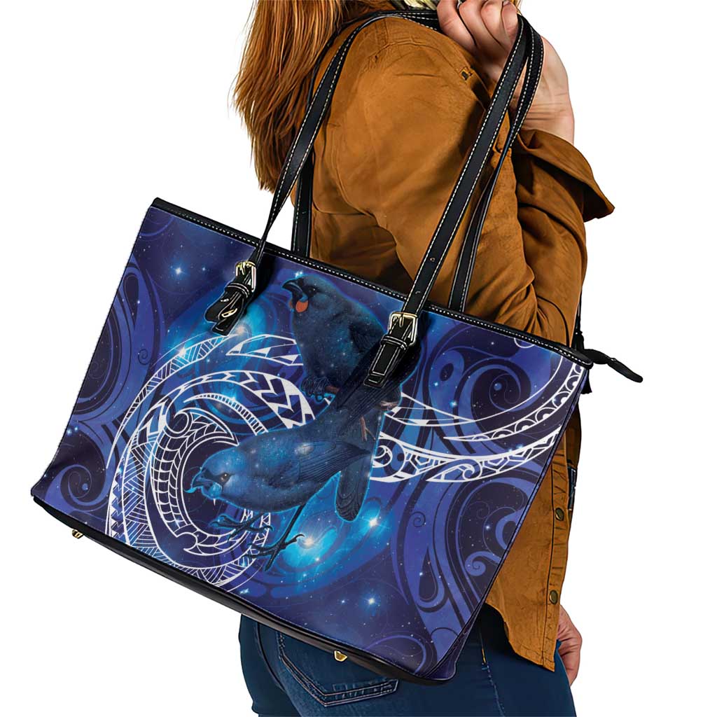 North Island Kokako and South Island Kokako Leather Tote Bag New Zealand Native Bird with Galaxy Vibe LT9 - Polynesian Pride
