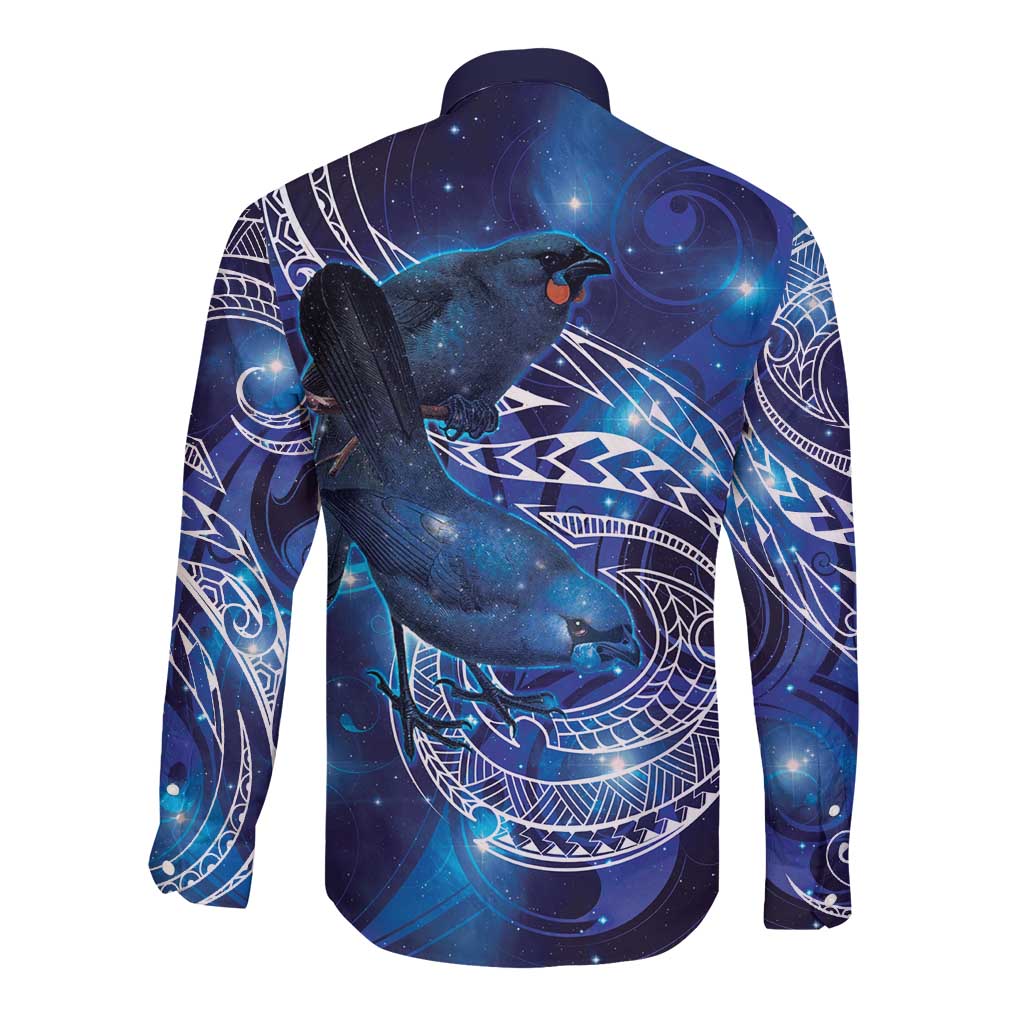 North Island Kokako and South Island Kokako Long Sleeve Button Shirt New Zealand Native Bird with Galaxy Vibe LT9 - Polynesian Pride