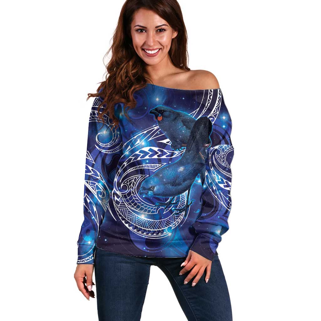 North Island Kokako and South Island Kokako Off Shoulder Sweater New Zealand Native Bird with Galaxy Vibe LT9 Women Galaxy - Polynesian Pride