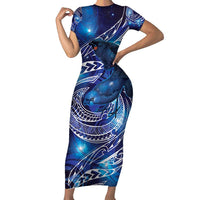North Island Kokako and South Island Kokako Short Sleeve Bodycon Dress New Zealand Native Bird with Galaxy Vibe LT9 Long Dress Galaxy - Polynesian Pride