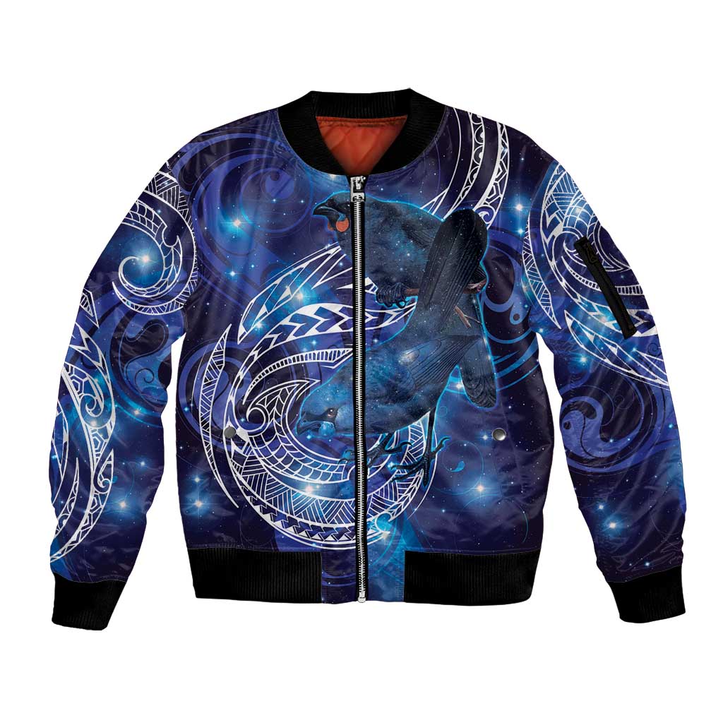 North Island Kokako and South Island Kokako Sleeve Zip Bomber Jacket New Zealand Native Bird with Galaxy Vibe LT9 Unisex Galaxy - Polynesian Pride