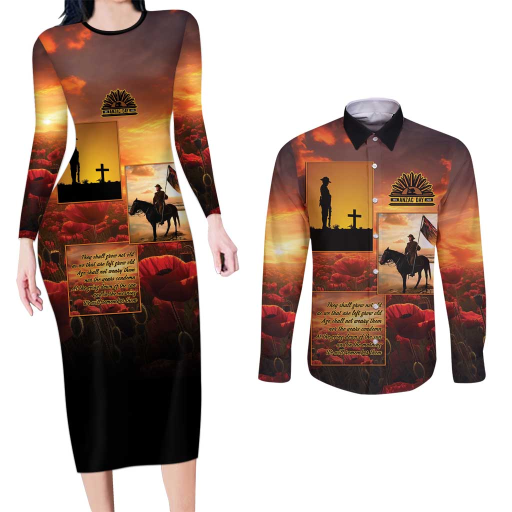 ANZAC Day Film Reel Lest We Forget Couples Matching Long Sleeve Bodycon Dress and Long Sleeve Button Shirt Australia NZ Memorial LT9 Red - Polynesian Pride