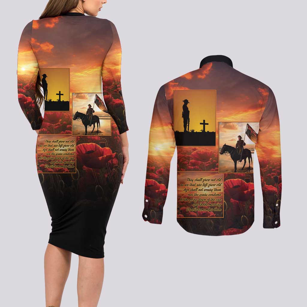 ANZAC Day Film Reel Lest We Forget Couples Matching Long Sleeve Bodycon Dress and Long Sleeve Button Shirt Australia NZ Memorial LT9 - Polynesian Pride