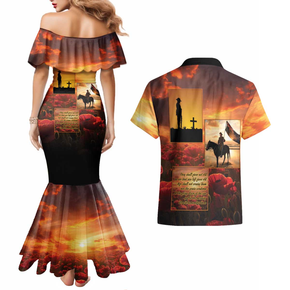 ANZAC Day Film Reel Lest We Forget Couples Matching Mermaid Dress and Hawaiian Shirt Australia NZ Memorial LT9 - Polynesian Pride