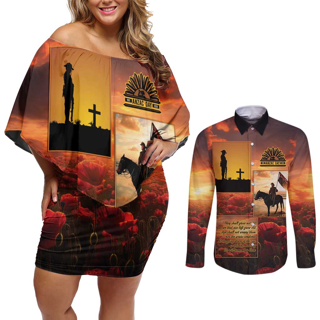 ANZAC Day Film Reel Lest We Forget Couples Matching Off Shoulder Short Dress and Long Sleeve Button Shirt Australia NZ Memorial