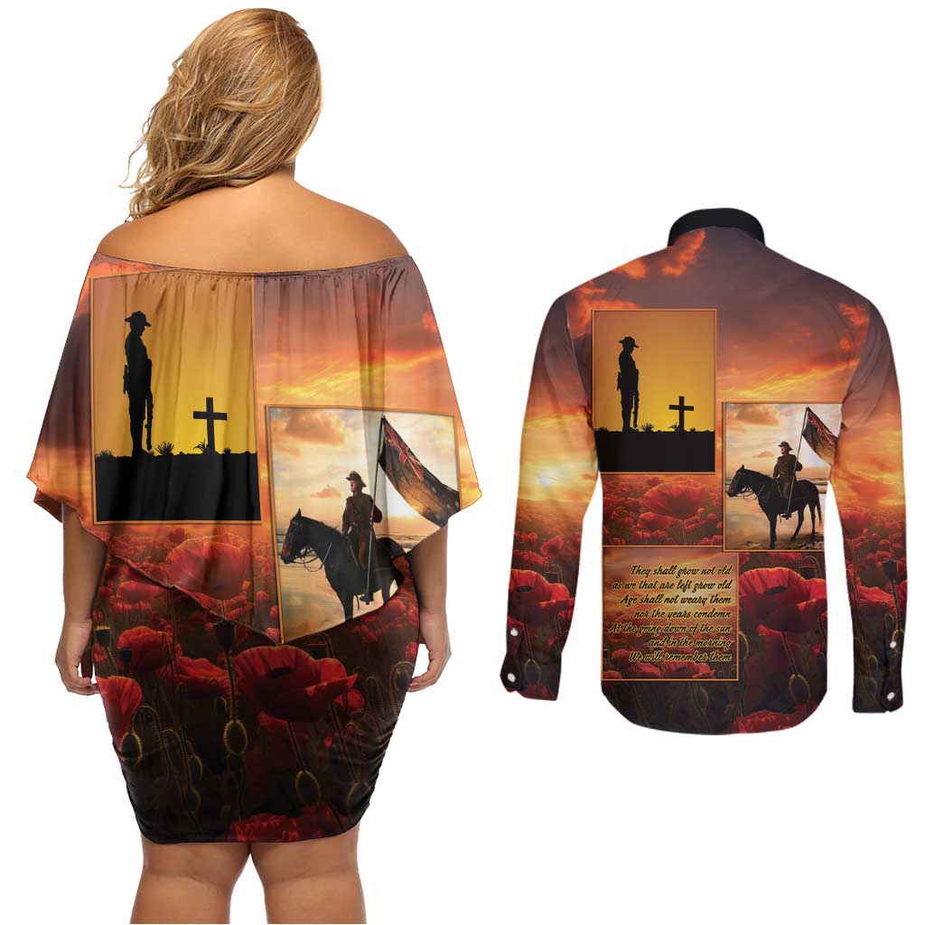 ANZAC Day Film Reel Lest We Forget Couples Matching Off Shoulder Short Dress and Long Sleeve Button Shirt Australia NZ Memorial LT9 - Polynesian Pride