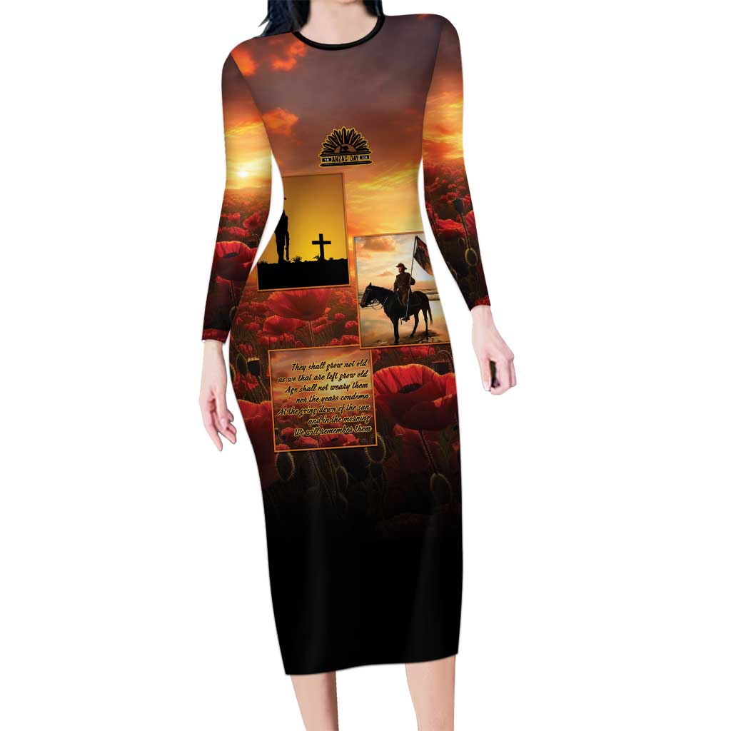 ANZAC Day Film Reel Lest We Forget Long Sleeve Bodycon Dress Australia NZ Memorial LT9 Long Dress Red - Polynesian Pride