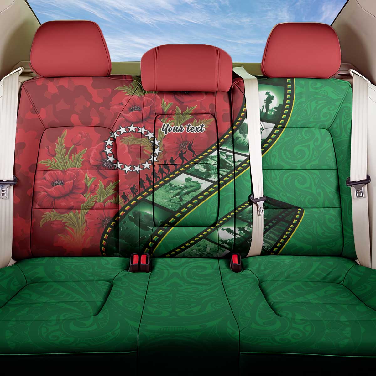 Personalised Cook Islands ANZAC 1915-2026 Filmstrip Back Car Seat Cover Lest We Forget 25 April LT9 One Size Green - Polynesian Pride