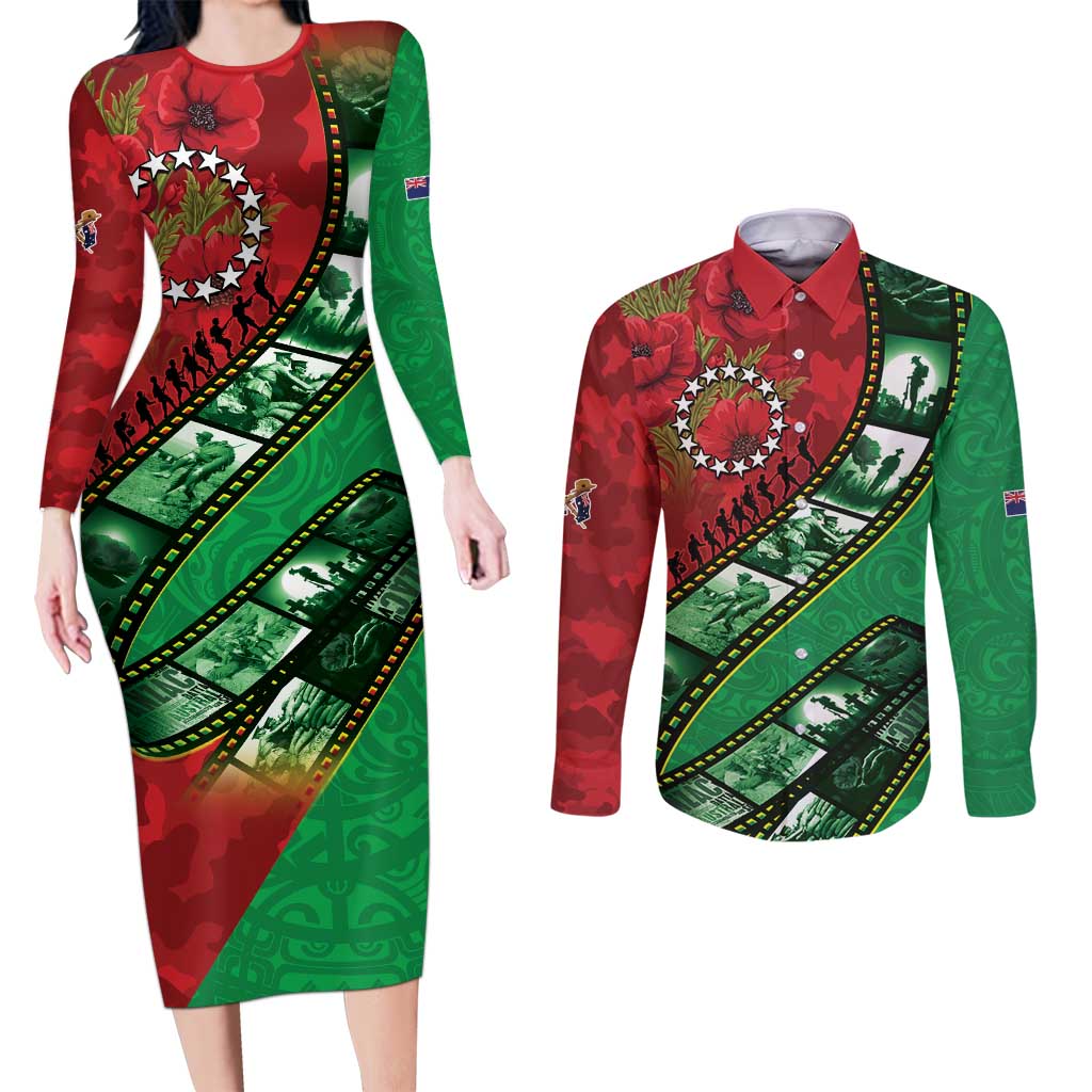 Personalised Cook Islands ANZAC 1915-2026 Filmstrip Couples Matching Long Sleeve Bodycon Dress and Long Sleeve Button Shirt Lest We Forget 25 April LT9 Green - Polynesian Pride