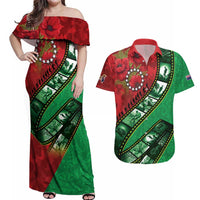 Personalised Cook Islands ANZAC 1915-2026 Filmstrip Couples Matching Off Shoulder Maxi Dress and Hawaiian Shirt Lest We Forget 25 April LT9 Green - Polynesian Pride